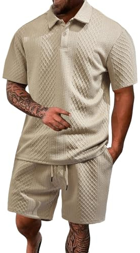 tibenqrt Ensemble polo et short d'été 2 pièces pour homme en tricot jacquard à manches courtes avec chemise et short - Ensemble léger et respirant - Costume de sport décontracté pour les vacances, le