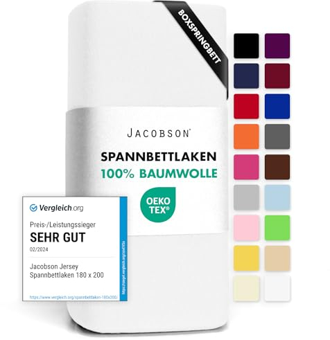 Jacobson Jersey Spannbettlaken Spannbetttuch Baumwolle Bettlaken (140x200-160x220 cm, Weiss)