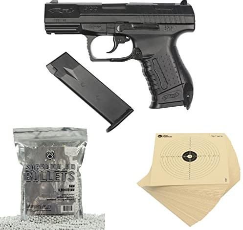 OpTacs Walther P99 Softair Pistole Federdruck 0,5 Joule Set – mit 50 Zielscheiben & 1.000 BB Kugeln 6 mm – präzises Einsteiger Airsoft Komplettset