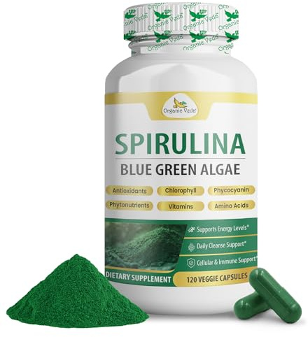 Organic Veda Spirulina Capsules, Nutrients Dense Blue Green Algae - The Purest Organic Spirulina Green Superfood Supplement, Antioxidants & Immune Support - 120 Vegan Capsules