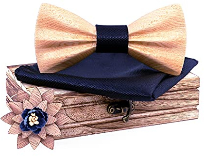 HZQIFEI Jeu de Nœud Papillon en Bois avec Carré de Tissu et Broche pour Cadeau, Réception, Mariage (C16, 3Pcs)