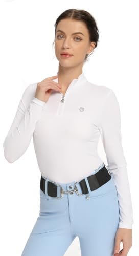 Harrison Howard Women's Equestrian Sweat Absorption Quick Drying Horse Riding Long Sleeve Shirt 1/4 Zip Base Layer, White, M