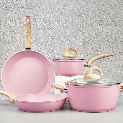 Vkoocy Pink Pots and Pans Set Nonstick Induction Kitchen Cookware Set Cooking Sets 6 Pcs with Frying Pan Granite Stone Bakelite Wood Handle