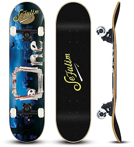 Sefulim 31 x 8 Pollici Skateboard Completo 7 Strati Acero Canadese Double Kick Deck concavo Skateboard per Ragazzi Ragazze Adolescenti Adulti Principianti