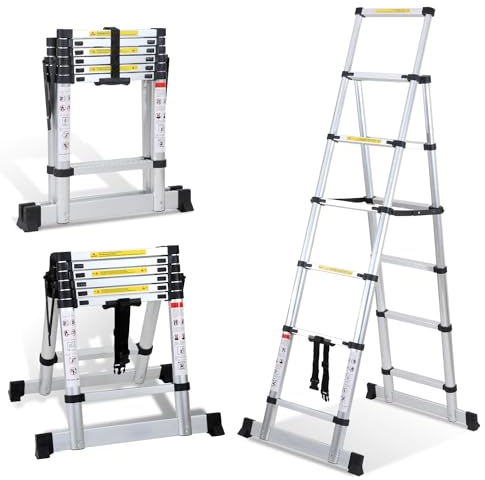 Lospitch Escalera telescópica plegable de 1,7 + 2 m, escalera de aluminio antideslizante, multiusos, marco A, 5 + 6 peldaños, capacidad de carga de 150 kg