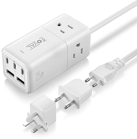 European Travel Plug Adapter, FOVAL US to UK Europe Power Strip 75W USB C Charger with 5 USB Ports, 3 AC Outlets, 5ft Extension Cord, for Spain, France, Ireland, Travel Home Cruise Ship
