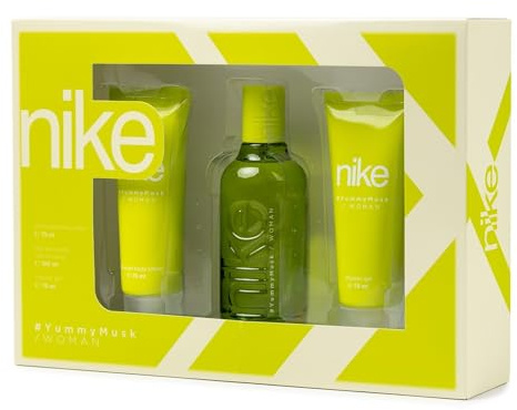 NIKE - Yummy Musk Colonia 100 ml + Gel de Baño 75 ml + Crema Corporal 75 ml, Estuche de Regalo Mujer, Eau de Toilette Natural y Femenina, Aroma Floral Afrutado, Fragancia Fresca y de Larga Duración