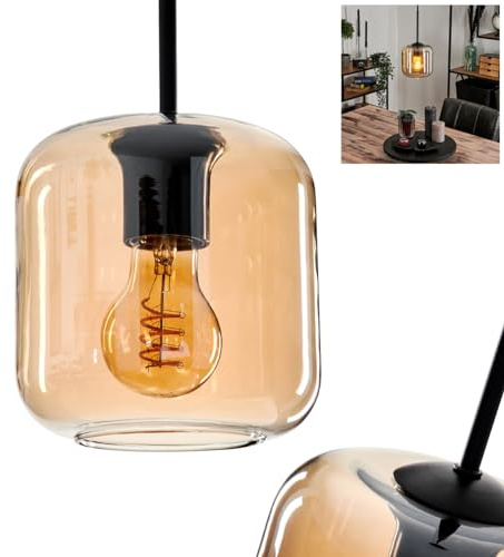 Hänglampa Lauden, hänglampa av metall/glas i svart/amber, lampa med skärm av glas (Ø 15 cm), höjd max. 150 cm, 1 x E27, utan glödlampa