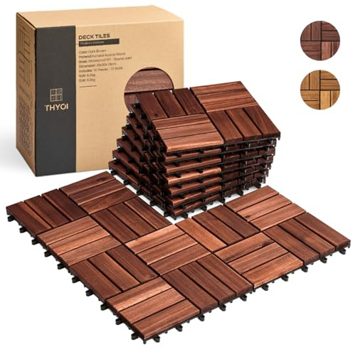 THYOI 10 Pcs Premium Acacia Wood Interlocking Deck Tiles (12 x 12), Deck Flooring Outdoor Waterproof All Weather, Tiles for Patio, decking for Indoor and Outdoor use (Dark Brown 12S, 10 Square Ft)