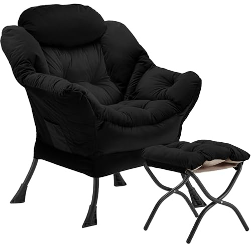 Youtanic Lazy Chair with Folding Ottoman, Accent Chair Velvet Upholstered with Metal Structure and Non-Slip Pads, Sofa Armchair with Footrest and Side Storage Bag for Dorm, Room, Office, Black
