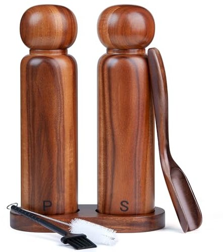Uallsny Pfeffermühle Holz Salzmühle Manuell Gewürzmühle Salz und Pfeffermühle mit verstellbarem Keramikmahlwerk 2er Set mit Untersetzer für Pfeffer Salz Gewürze Höhe 20 cm