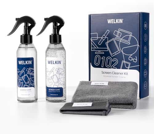 WELKIN Screen Cleaner Spray Kit (250ml + 250ml) - Cleaning Mist and Gel for TV, Laptop, Computer, Phone Touchscreen - 2 Sprayers, 1 Microfiber Cloth & 1 Glass Wipe Included