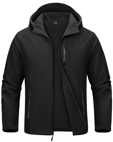 MAGCOMSEN Waterproof Jacket for Men Softshell Fleece Lined Hooded Windproof Lightweight Tactical Outdoor Raincoat for Hiking Black 2XL