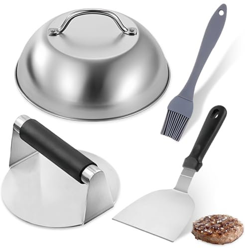 Smash Burger Pressa Kit: PRITOK da 4 Pezzi in Acciaio Inox 304 Stainless Steel Smash Burger Press, Pressa per Hamburger, Pressa per Hamburger in Acciaio Inox da 16 cm per Hamburger Smash, Grill a Gas