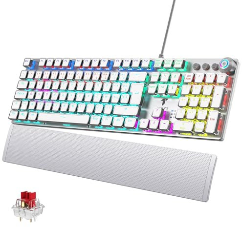 TECURS Clavier Gaming Mécanique - Clavier Gamer Programmable avec Repose-Poignet Magnétique, Switchs Rouges, 19 Modes LED, Touches Multimédia, Clavier AZERTY PC/Wins,Blanc