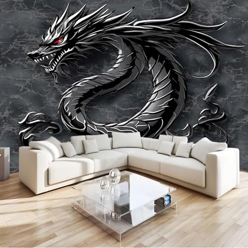 Carta da parati Drago Di Metallo Nero Fotomurali Murale alla moda Decorazione da Muro Poster 350x256 cm Gigante Design Carta per pareti Ornamento