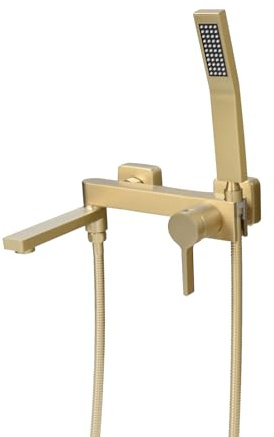 PHASAT Grifo de Bañera Montaje en Pared, Grifo de Ducha Monomando con Ducha de Mano, Grifo de Bañera de Baño Caño Giratorio de 90°, Oro cepillado PTBG18E