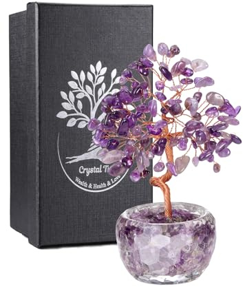 JSDDE Décoration Arbre de Vie en Pierre Naturelle d'Énergie,Base Verre coloré Rond Feng Shui l'arbre de l'argent,Cristal Guérison Méditation Reiki Table Décor Hauteur 13 à 14CM (Améthyste)