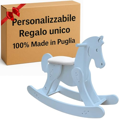 MINDWOOD Caballo balancín de madera personalizado – para niños de 1 a 3 años, caballito balancín de madera maciza, ideal para el aprendizaje, artesanal, fabricado en Italia (celeste)