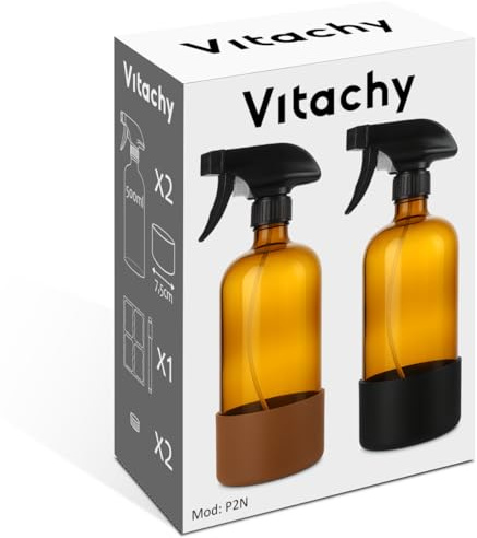Vitachy Pack de 2 Botella Spray Pulverizador Cristal 500ml, Bote Spray Vidrio Ámbar con Base de Silicona para Limpieza Hogar y Plantas. Botes Spray Vacíos Rellenables, Glass Spray Bottle