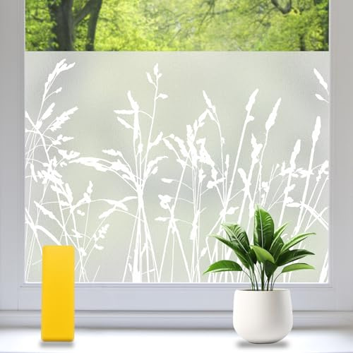 Zindoo Fensterfolie Blickdicht 44.5 x 200 cm Gräser Sichtschutzfolie Fenster Statische Ohne Klebstoff Milchglasfolie Anti-UV Geeignet für Badezimmer, Büro, Wohnzimmer, Balkon