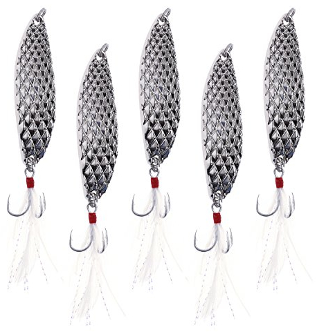 VORCOOL 5er-Set Angelköder – Metall-Löffelblinker mit Feder (Silber/Weiß) | Hochwertige Kunstköder für Raubfische | Wasserfreundlich
