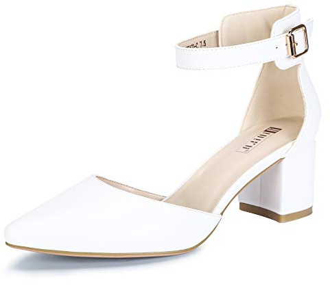 IDIFU Women's IN2 Pedazo Dress Shoes Low Block Heels Comfortable Chunky Closed Toe Ankle Strap Wedding Pumps(White Pu, 7.5 B(M) US)