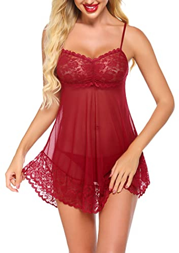 Avidlove Sexy Babydoll Lingerie for Women Lace Chemise V Neck Bridal Wedding Nightie Wine Red, L