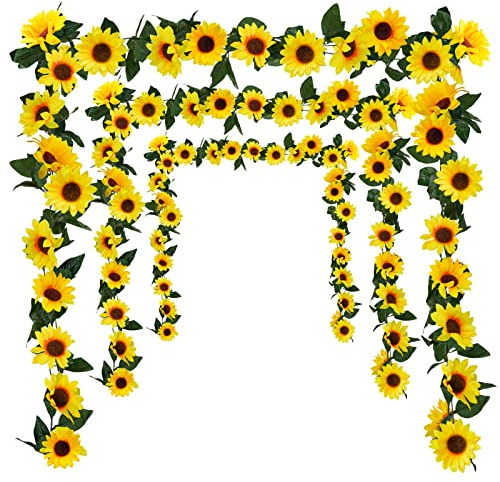 Uieke 3 Pack Artificial Sunflower Garland, 7.5ft/Strand Silk Sunflowers Hanging Vines Flowers with Green Leaves for Room Kitchen Garden Birthday Wedding Baby Shower Party Table Decor Large