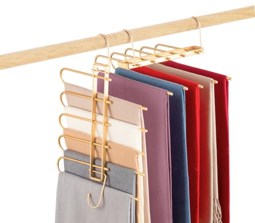 niziyue Cintres pour pantalons - 5 couches - 2 utilisations - Multifonction - En métal robuste - Pour vêtements, pantalons, écharpes, cravates - Doré