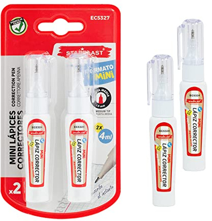 Starplast PACK 2 MINI LAPICES CORRECTORES Lápices líquidos para Escritura, 2x4ml, Formato Mini, Secado rápido, Sujeción cómoda, para la escuela u oficina.