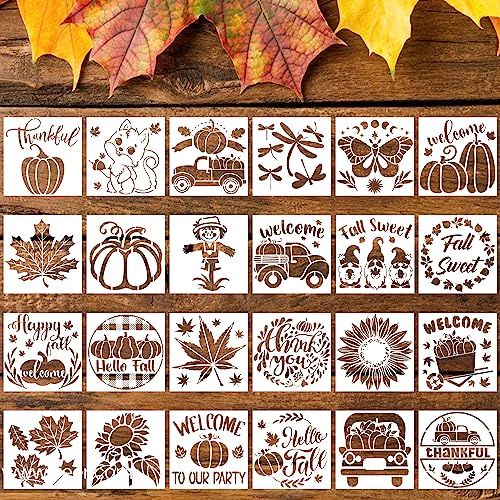 SAVITA 24uds Plantillas de Otoño, 7,6x7,6cm Para Pintar Reutilizables Para Madera, Manualidades de Acción de Gracias Sobre Lienzo, Tela, Pared, Decoración del Hogar