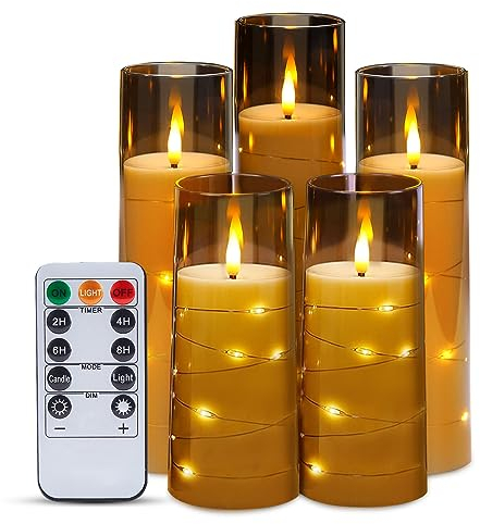 IMAGE Flackernde flammenlose Kerzen batteriebetrieben, Acryl Shell Pillar 3D Docht LED-Kerzen Timer für Hochzeit Weihnachten Home Decor Set von 5 (D2,3 in X H5 5 7 7 8 in), grau
