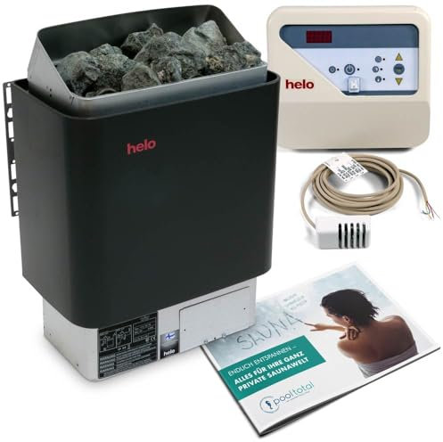 POOL Total Helo Saunaofen Cup 60 D 6kW 400V für 5-9m³, Edelstahl - Wandmontage - Made in Finnland, inkl. Helo Saunasteuerung + 20 kg Diabas Saunasteine, Einfache Installation