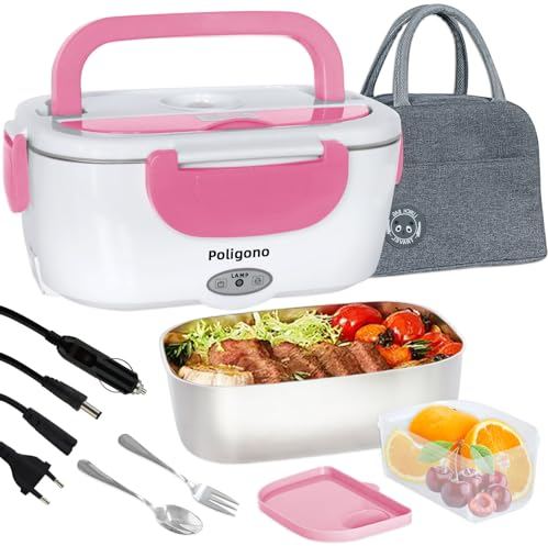 Poligono Scaldavivande Elettrico Portatile con Borsa Termica, Lunch Box 1.5L Portavivande Termico Elettronico Portatile in Acciaio Inox, Porta Pranzo da Ufficio e Auto(55W 220V), Rosa