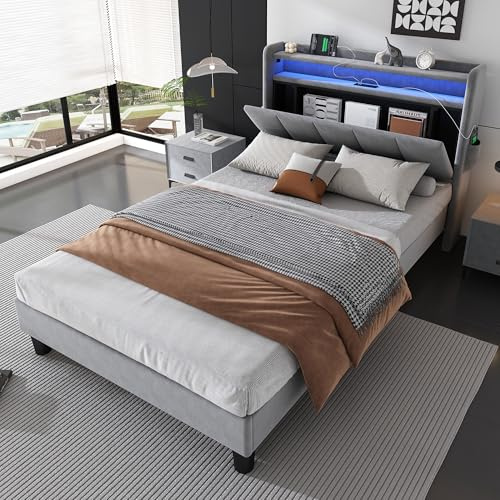 ABIN Upholstered Bed, 3FT single bed 90x190cm, Lower flap door storage, With LED light strip, 4 USB port, Durable and Sturdy, Youth bed, for adults & teenagers, Velvet, Grey (90×190cm)