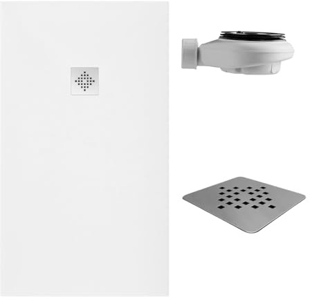 SOULBATH Receveur de Douche -Résine -Gel Coat -Texture Lisse/Pierre -Antidérapant -Couleur Blanc - 110x80- Extra plat 3cm. Bonde de vidange incluse - Standard