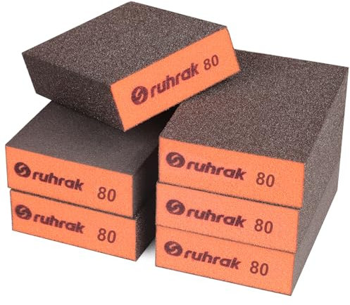 Sruhrak Bloque de Lijado 12 Piezas, Esponjas de Lijado Duras, Grano 80, Almohadillas de Lijado Reutilizables en Seco y Húmedo para Madera, Plástico, Paneles de Yeso y Pulido de Metal