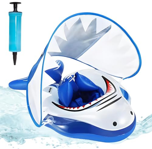 ACTOYS Bouee Bebe, Baby Float Bouée pour Bébé, Bouee Enfant, Bouee Pisicne Bebe, Bouee Bebe avec Pare Soleil, Bouée pour Enfant, Bouée de Natation Gonflable (Requin Blanc, L : 12-36 Mois)