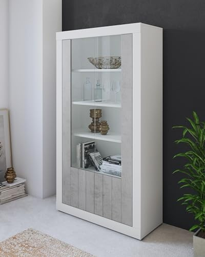 Arreditaly Vetrina Moderna 2 Ante In Vetro Con Pannelli Effetto Legno Libreria Soggiorno Sala da Pranzo Vetrinetta Stile Contemporaneo 104.8 x 41.8 x 191 Cm Grigio Cemento