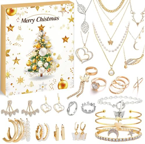 Schmuck Adventskalender 2025 24 Tage Gold und Silber Schmuck Adventskalender umfassen Ohrringe Halsketten und mehr Weihnachts -Countdown für Kinder Erwachsene