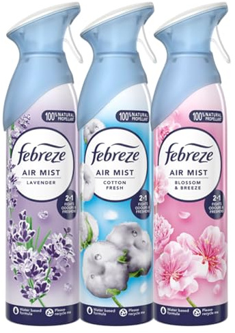 Febreze Air Mist Air Freshener Spray Bundle (3 Pack) – Cotton Fresh, Blossom & Breeze, Lavender – Odour Eliminator Room Spray with 100% Natural Propellant – 3 x 185ml
