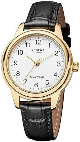 REGENT Reloj de pulsera analógico para mujer, correa de piel, color negro F1569