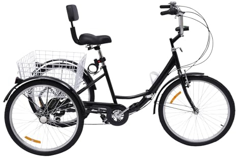 Gdetnysty 24 tum 7-växlad vuxen trehjuling 3-hjul cykel tricycle vikbar med korg & lampa 60 cm trike med shopping fjädring 3-hjuls kedjekoppling stål för transport lasthjul (svart)