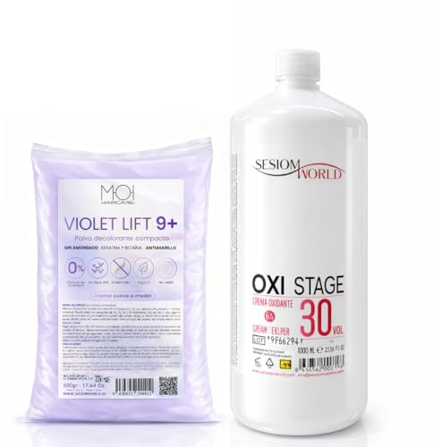 Pack Oxigenada en Crema 1000ml 30 Vol + Polvos Decolorantes de Cabello VIOLETA 9 tonos 500gr | Fórmula Vegana | Superaclarante | Antiamarillo | Con Keratina y Betaína sesioMWorld