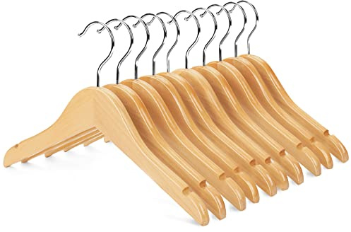 Nature Smile Kids Baby Children Toddler Wooden Shirt Coat Hangers with Notches and Anti-Rust Chrome Hook Pack of 10 (Natural)