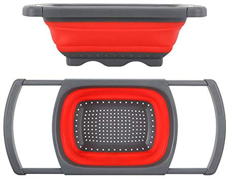 Enzege Passoire Pliable, Grande Capacité, Rétractable, Poignées Réglables pour Tous Les Éviers, Noir et Rouge, Silicone, 39.5 x 26.3 x 4.5 cm
