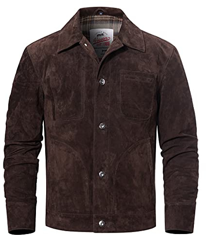 FLAVOR Men's Suede Leather Jacket Trucker Coat (X-Large, Dark Brown)