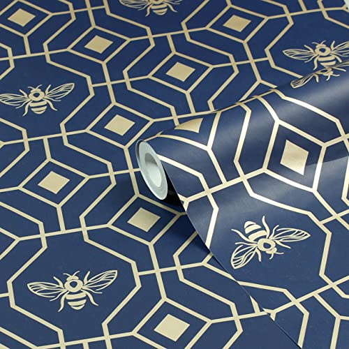 furn. Bee Deco Geometric Printed Wallpaper, Dark Blue