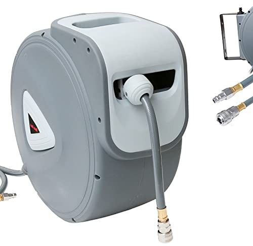 Izrielar Enrollador automático de manguera de aire comprimido de 30 + 2 m, enrollado automático, 180 °, bloqueo de cualquier longitud, tambor de manguera de aire comprimido para montaje en pared